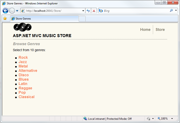 Screenshot of the Music Store window showing the genre details defined from all album data entered into the database.