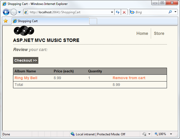 Screenshot of the Music Store window showing the Shopping Cart view with a summary list of all items in the cart.