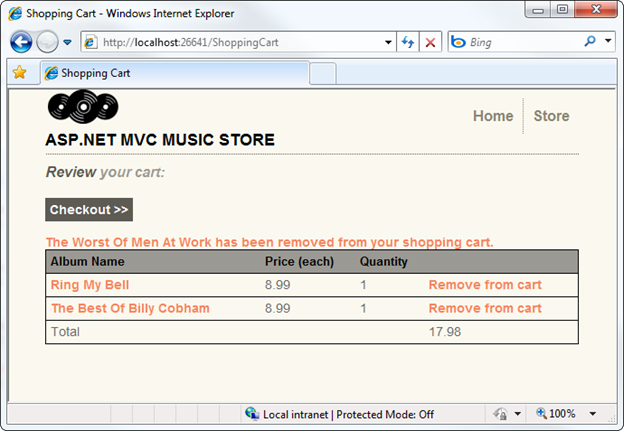 Screenshot of the Music Store window showing the Shopping Cart view with the album removed from the summary list.