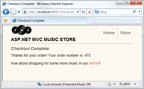 Screenshot of the Music Store window showing the checkout complete view that informs the user that the order is complete.