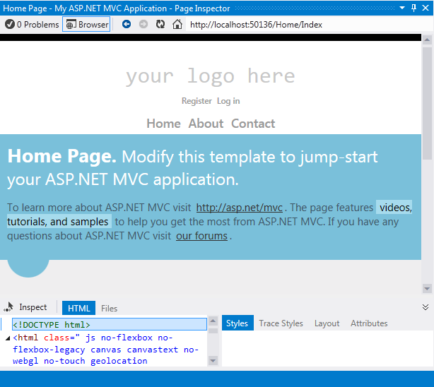 ASP.NET MVC で統合ブラウザーでPage Inspectorを使用する | Microsoft