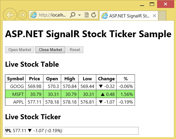 インターネット エクスプローラー ブラウザー ウィンドウのスクリーンショット。A S P ドット NET Signal R Stock Ticker サンプル Web ページが表示されています。
