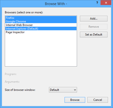 命令で 1 つ以上のブラウザーを選択し、3 つのブラウザーが強調表示されて選択されている [Browse With]\(参照あり\) ダイアログのスクリーンショット。