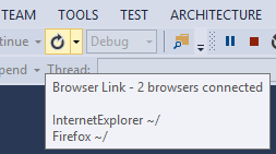 [更新] ボタンが強調表示され、マウスがボタンの上に置かれた状態を示す Visual Studio のスクリーンショット。ツールヒントには、接続されているブラウザーが表示されます。