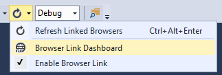 Visual Studio のスクリーンショット。[更新] ボタンが強調表示され、ドロップダウン メニューで [ブラウザー リンク ダッシュボード] が強調表示されています。
