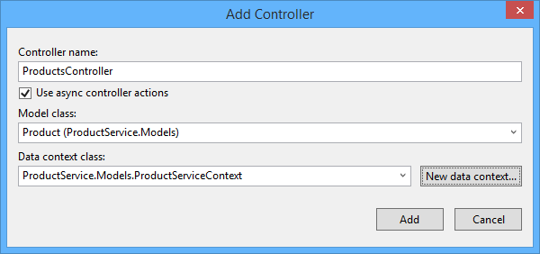 Screenshot of the add controller dialog box, showing the different field requirements, with a checkbox to 'use async controller actions'.