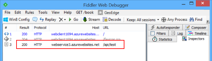 Web 要求を示す Fiddler Web デバッガー