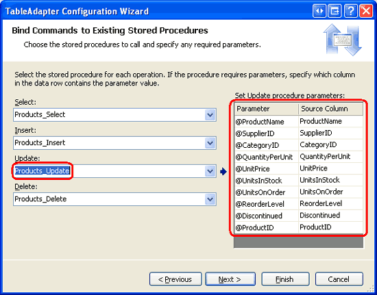 または、TableAdapter の構成ウィザードを使用して、そのメソッド パラメーター コレクションを更新することもできます