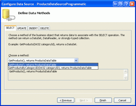 SELECT タブの Drop-Down リストから GetProducts メソッドを選択します