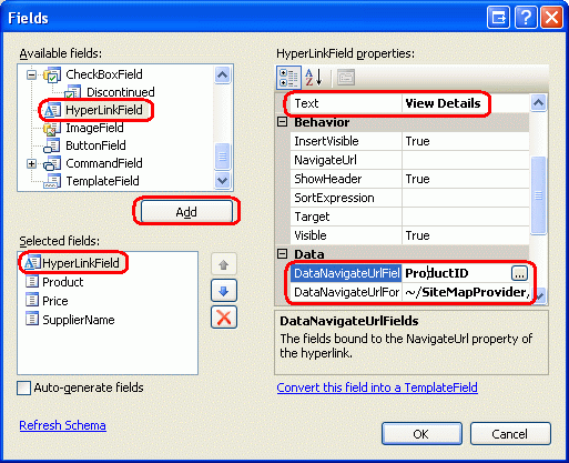 ProductDetails.aspxを指すビューの詳細 HyperLinkField を追加する