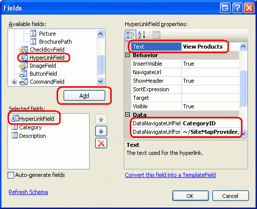 カテゴリ GridView に HyperLinkField を追加する