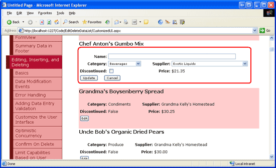 EditCommand イベント ハンドラーと CancelCommand イベント ハンドラーが追加され、[編集] ボタンが選択された後の DataList EditItemTemplate を示すスクリーンショット。