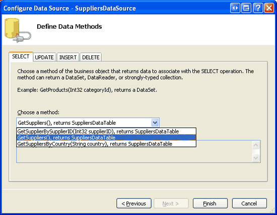 SuppliersBLL クラスの GetSuppliers メソッドを使用するように ObjectDataSource を構成する
