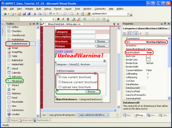 EditItemTemplate に RadioButtonList コントロールと FileUpload コントロールを追加する