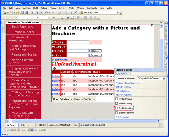 GridView での削除のサポートを有効にする