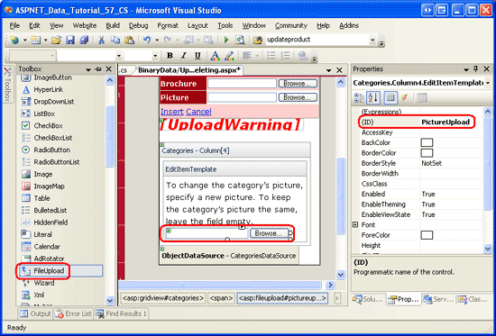 FileUpload コントロールを EditItemTemplate に追加する