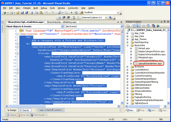 UploadInDetailsView.aspxから宣言型マークアップをコピーする