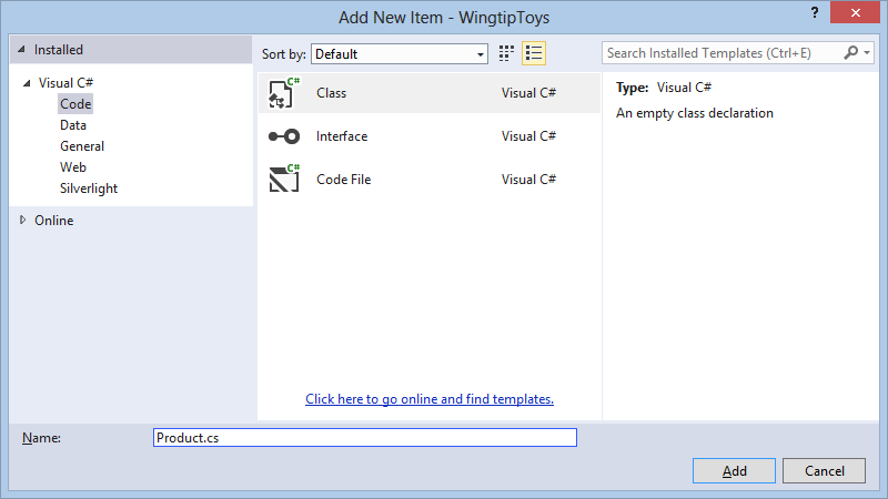 Visual C# が開き、[コード] が選択されている左側の [インストール済み] ペインを示す [新しい項目の追加] ウィンドウのスクリーンショット。