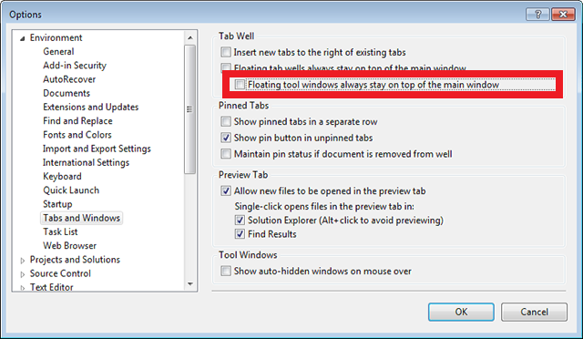 Visual Studio とドッキングされていないPage Inspector ウィンドウの間で Alt + TAB キーを押す [フローティング ツール ウィンドウ] チェック ボックスをオフにする