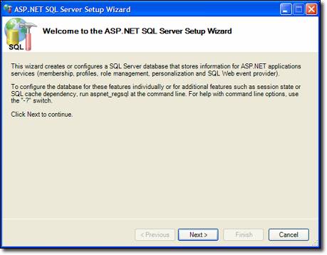 A S P ドット NET S Q L サーバー セットアップ ウィザードを示すスクリーンショット。