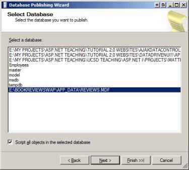 データベースの一覧で強調表示されているデータベースと、[すべてのオブジェクトをスクリプト化する] チェック ボックスが表示されている [データベースの発行ウィザード] ウィンドウのスクリーンショット。