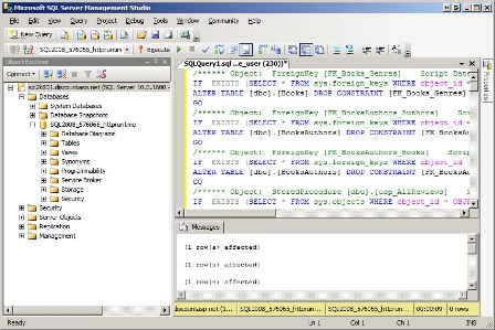 スクリプト ファイルのコマンドが運用サーバーで実行されていることを示す Microsoft SQL Server Management Studio ウィンドウのスクリーンショット。
