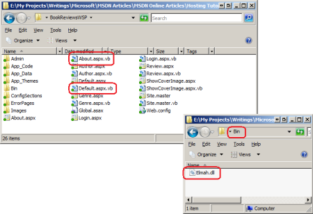 プロジェクト ディレクトリ内のドット a s p x とドット a s p x dot c s ファイルを示すスクリーンショット。