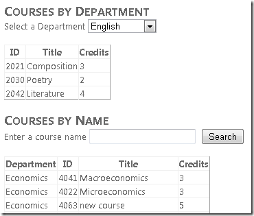 [Internet エクスプローラー]\(インターネット エクスプローラー\) ウィンドウのスクリーンショット。[Courses by Department]\(部門別コース\) ビューと [Courses by Name]\(コース別コース\) ビューが表示されています。