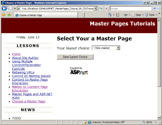 Site.master マスター ページを使用してコンテンツ ページを表示する