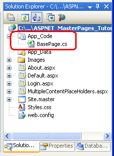 App_Code フォルダーと BasePage という名前のクラスを追加する