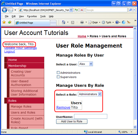 Tito は管理者ロールを持っているため、UsersAndRoles.aspx ページにアクセスできます