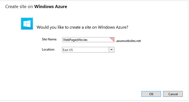 赤い感嘆符で示されているように、既定の名前が使用できないという Windows Azure 上のサイトの作成ウィンドウのスクリーンショット。