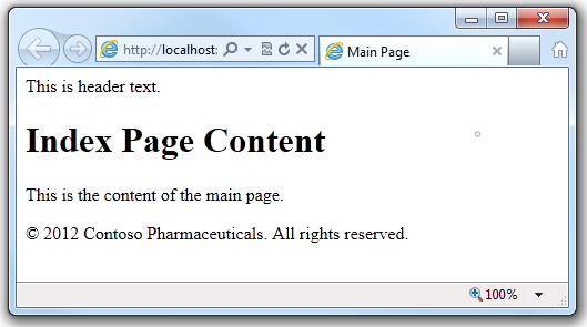 RenderPage メソッドの呼び出しを含むページの実行結果を示すブラウザーのページを示すスクリーンショット。