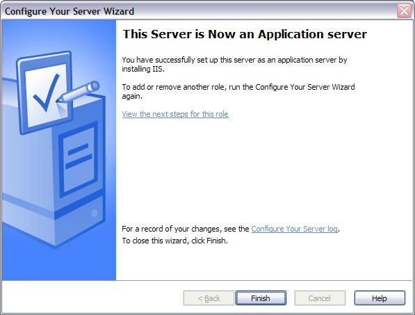 Screenshot of the Windows configure your server wizard success screen. The finish button is highlighted.