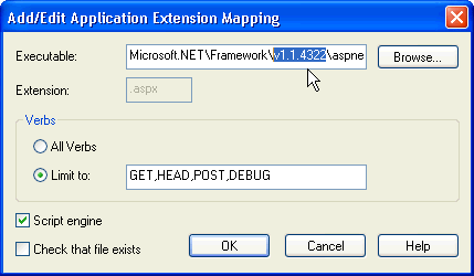 Screenshot that shows the Executable text box and the version directory v . 1 .1 . 4 3 2 2 from scrolling, which is mapped to a .NET Framework 1.1.