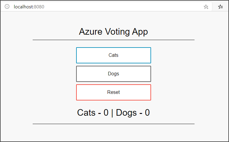 Screenshot showing the container image that the Azure Voting App running locally opened in a local web browser