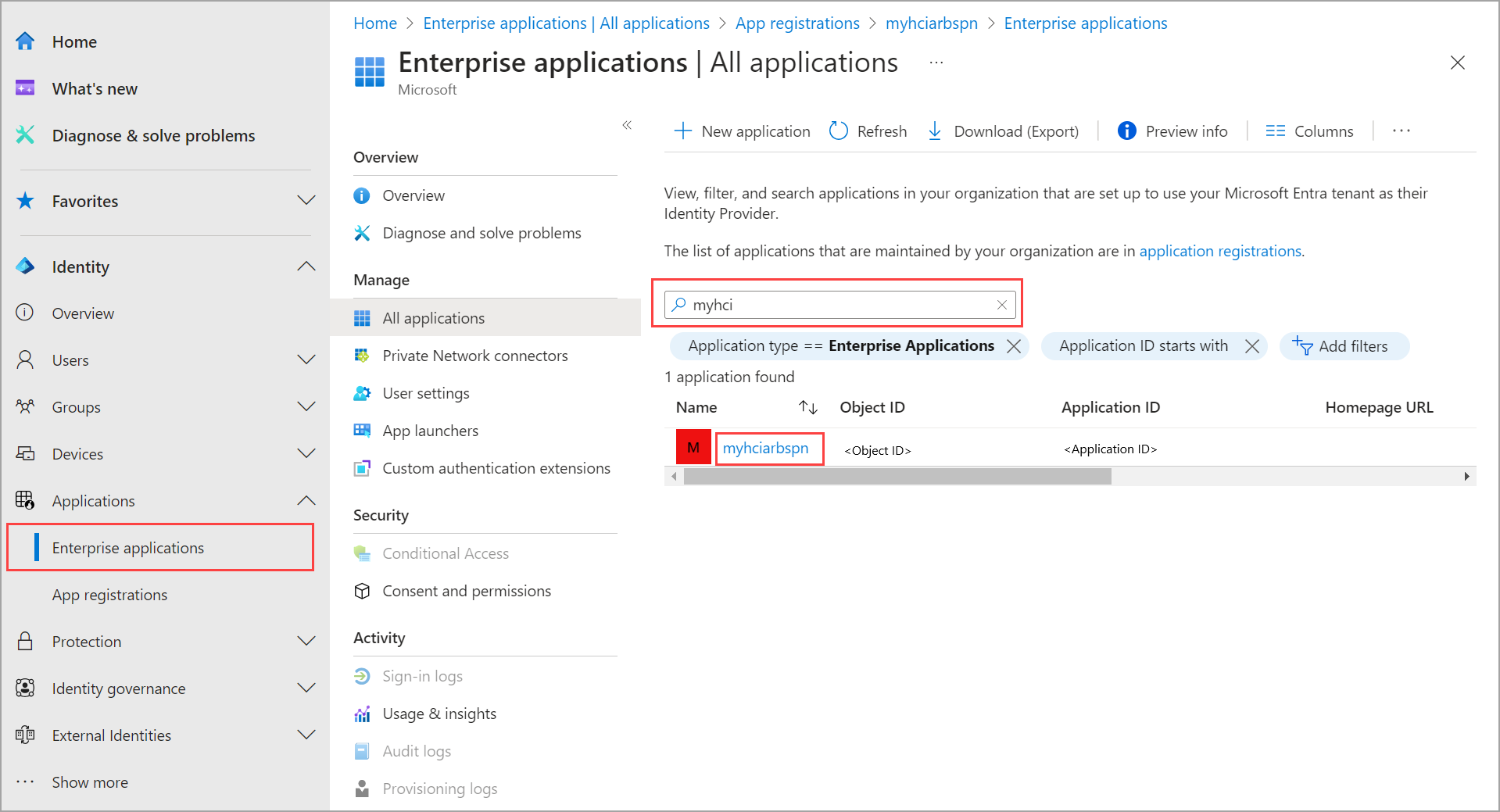 作成されたサービス プリンシパルの検索結果を示すスクリーンショット。