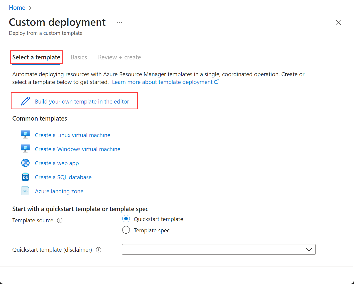 Azure portal での独自のテンプレートの作成オプションのスクリーンショット。