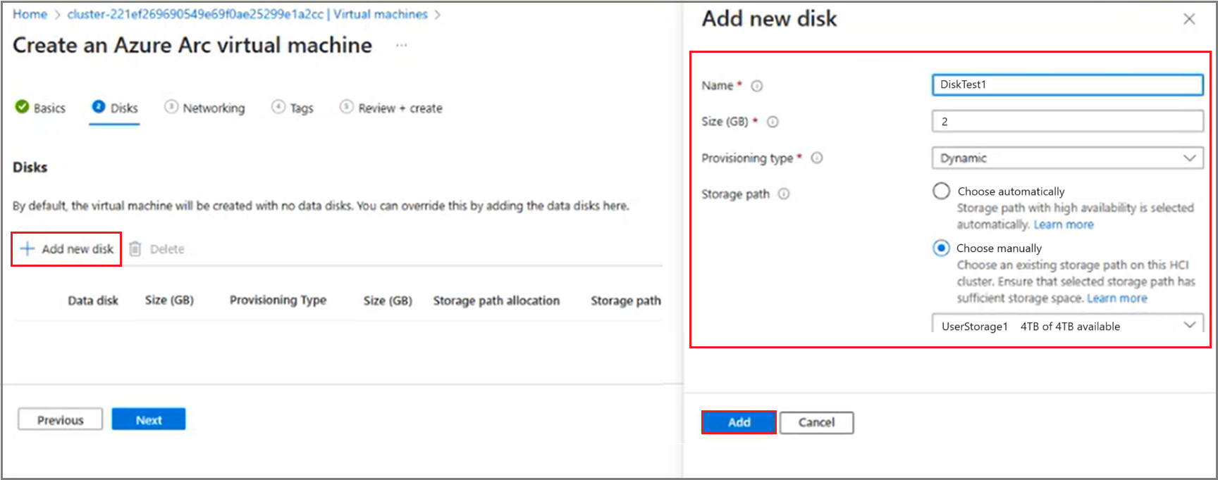 VM の作成中に追加された新しいディスクのスクリーンショット。