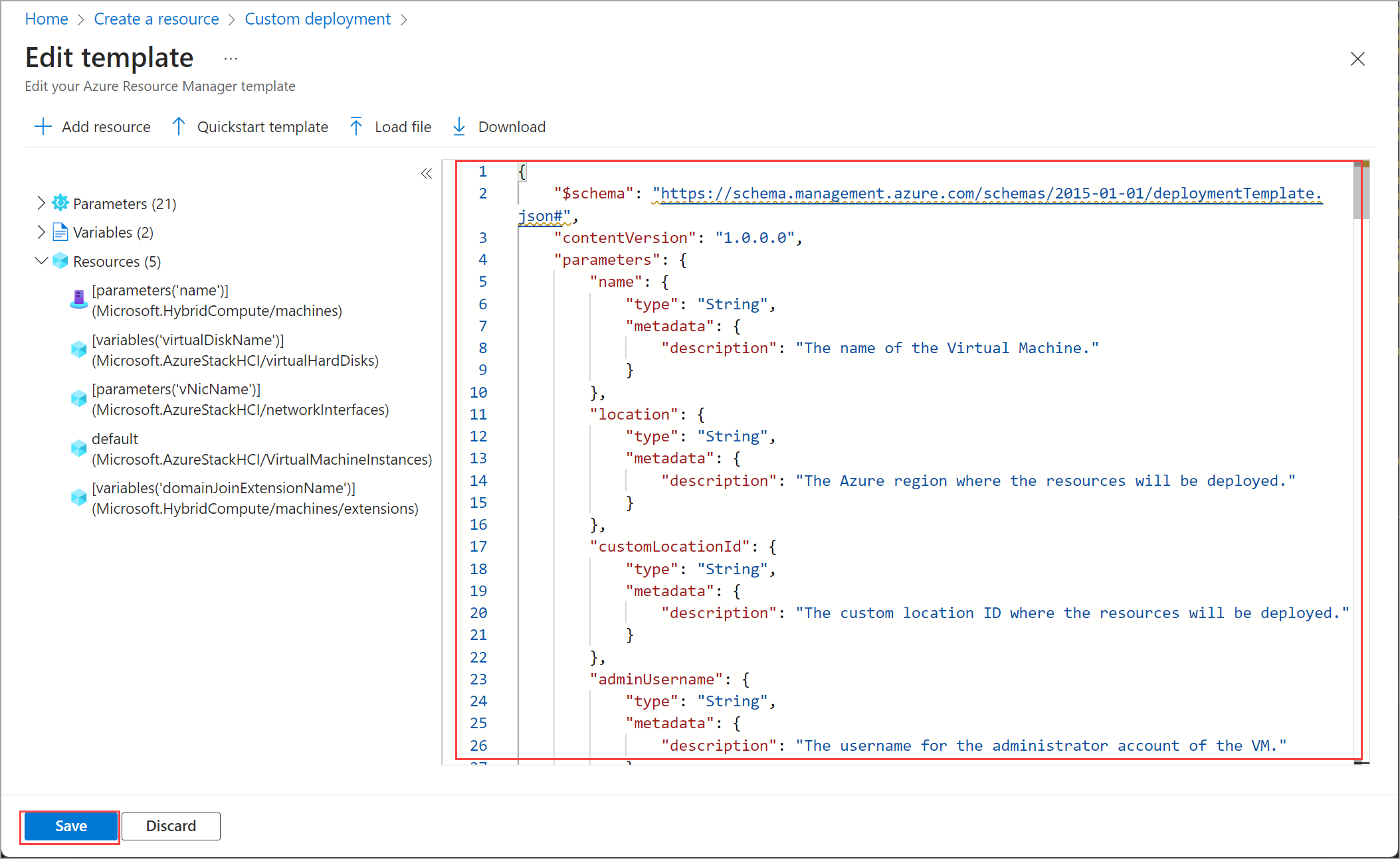 Azure portal で編集中のテンプレートのスクリーンショット。