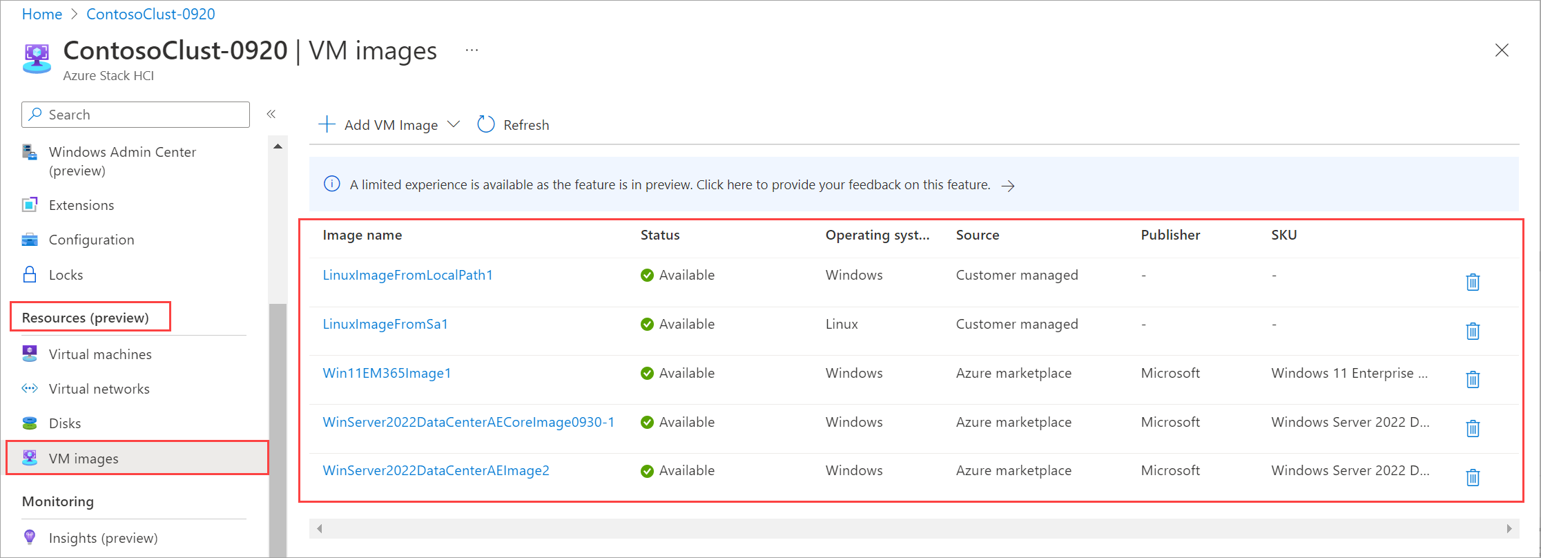 Azure Local 上の VM イメージの一覧を示すスクリーンショット。