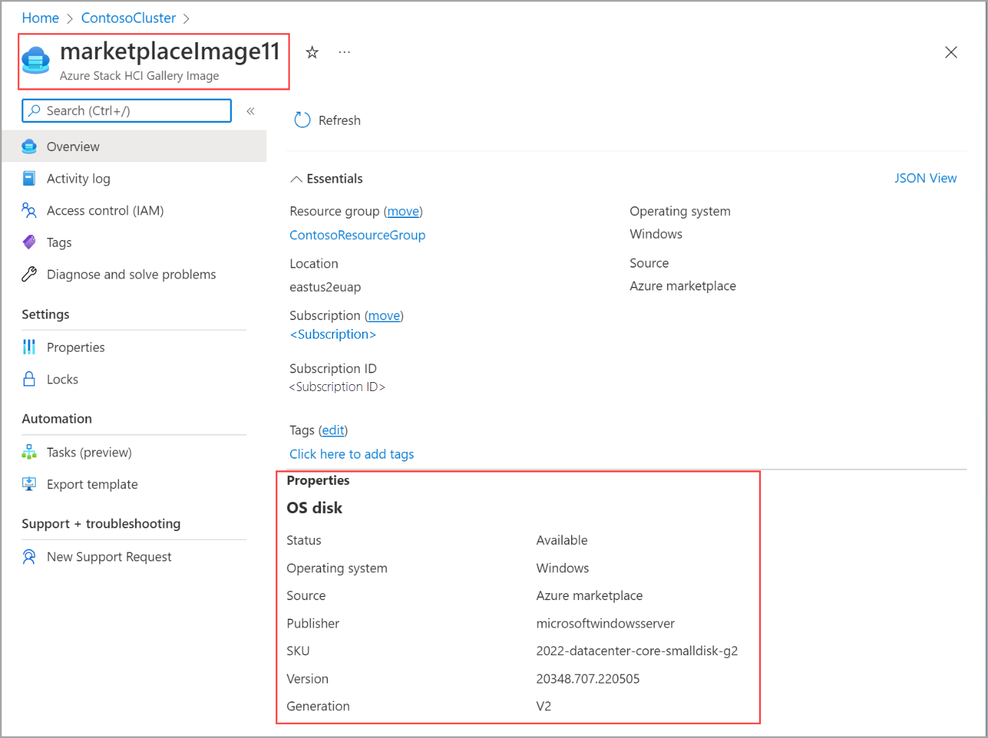 選択した VM イメージのプロパティを示すスクリーンショット。