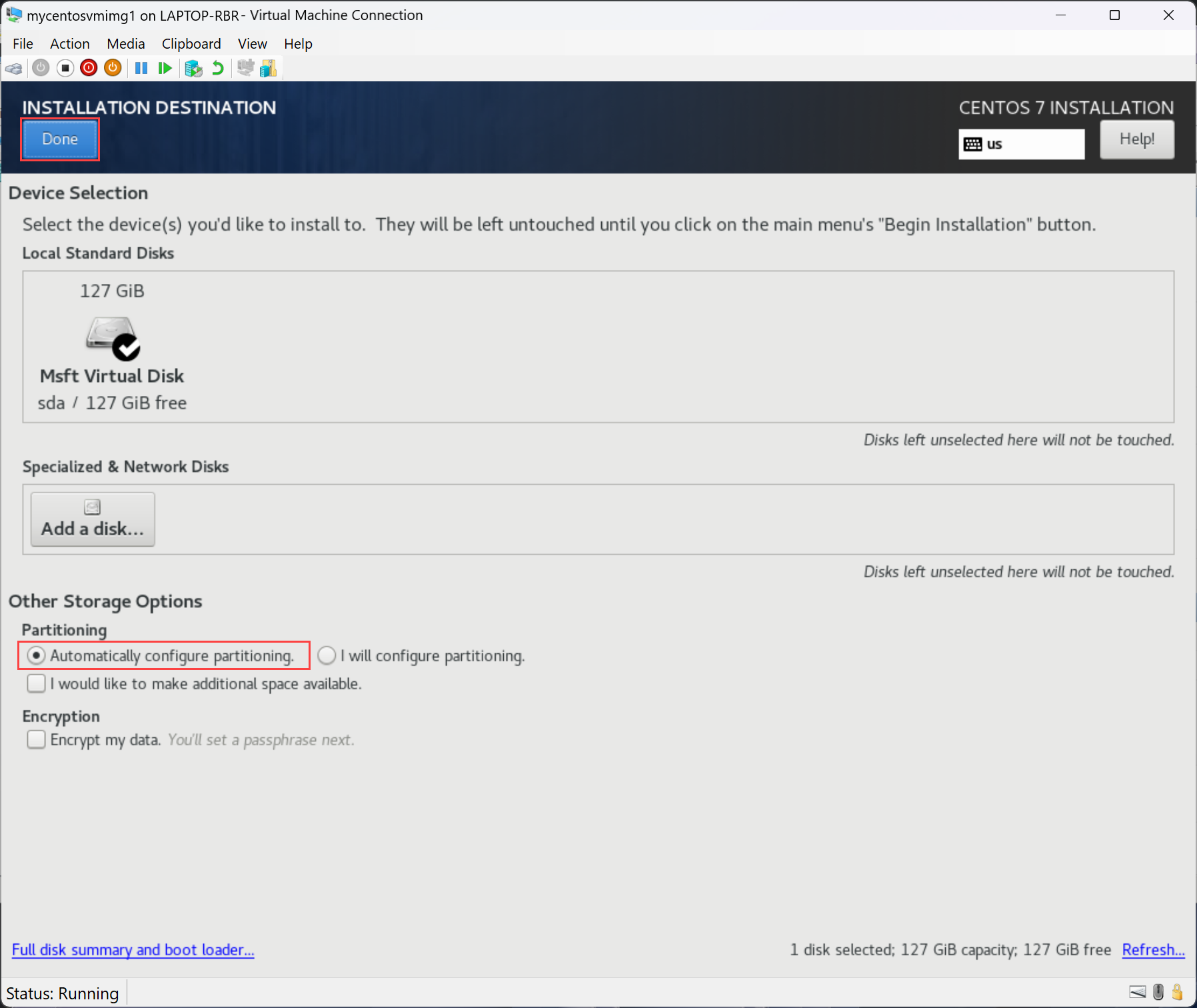 CentOS のインストール中のインストール先を示すスクリーンショット。