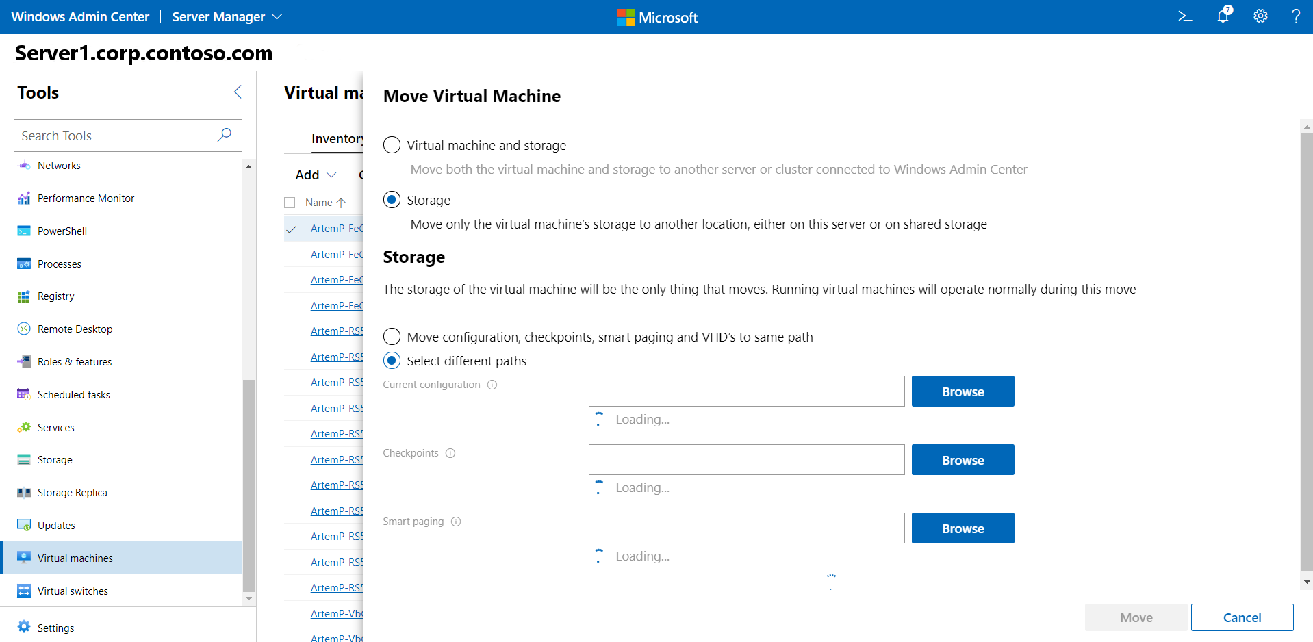 VM ストレージの移動画面