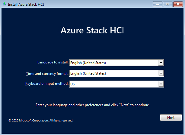 Azure Stack HCI のインストール ウィザードの言語ページ。