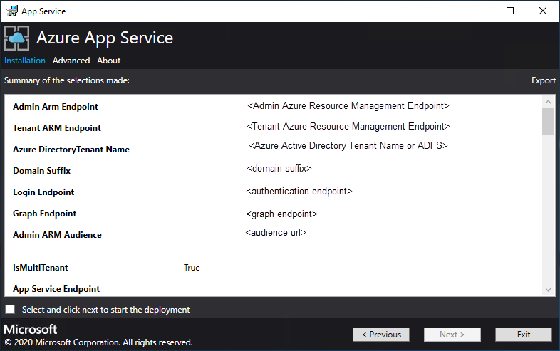 Azure App Service インストーラーで行われる選択の概要