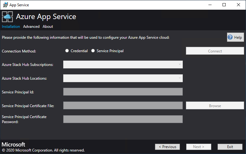 App Service インストーラー内の、Azure Stack Hub のサブスクリプション情報を指定する場所を示すスクリーンショット。