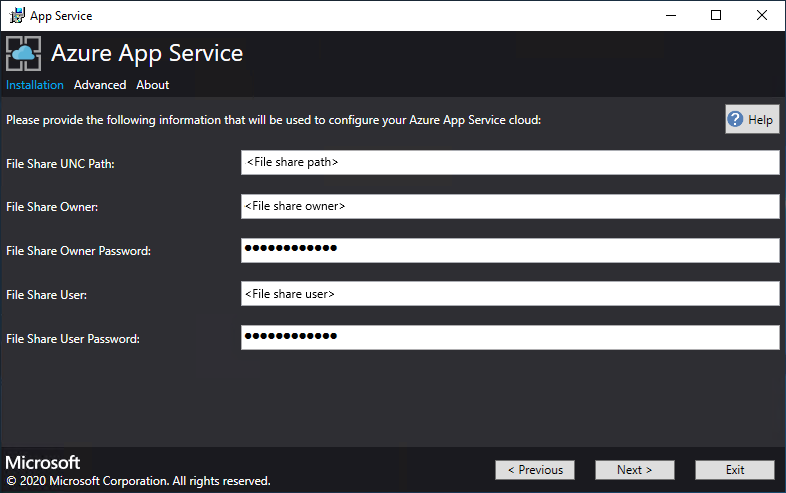 Azure App Service インストーラーのファイル共有情報