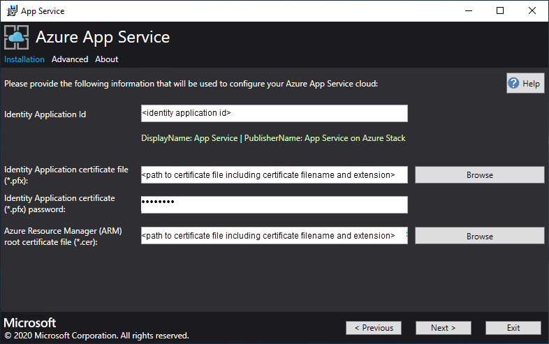 Azure App Service インストーラーでアプリ ID と証明書情報を入力する