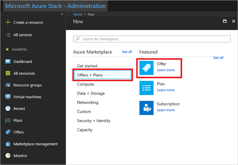 Azure Stack Hub でオファーを作成する方法を示すスクリーンショット。